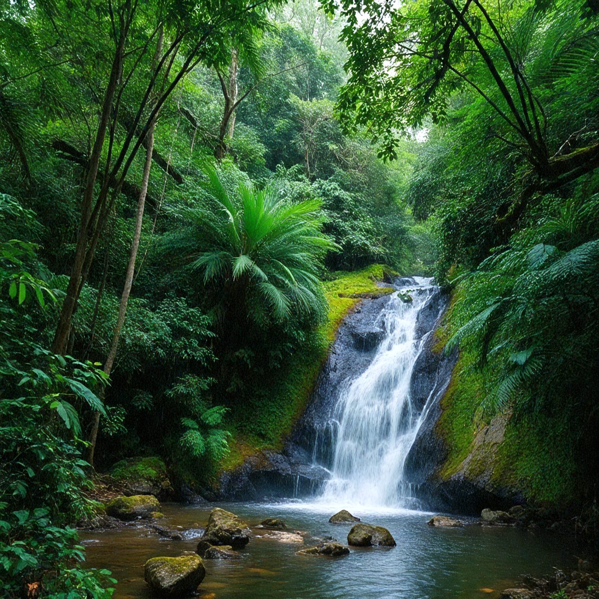 The primary subject of the image is a waterfall surrounded by lush greenery. The waterfall is located in a forest, with a large rock nearby. The setting is a natural environment with a serene atmosphere. The visual style is a photo, capturing the beauty of the waterfall and its surroundings. The colors and mood are predominantly green, with the waterfall being the focal point of the scene.